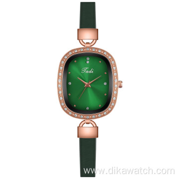 2021 Fashion Women's Leather Quartz Watch Charm Dress Square Dial With Rhinestone Beautiful Wrist Watches For Ladies Green Clock